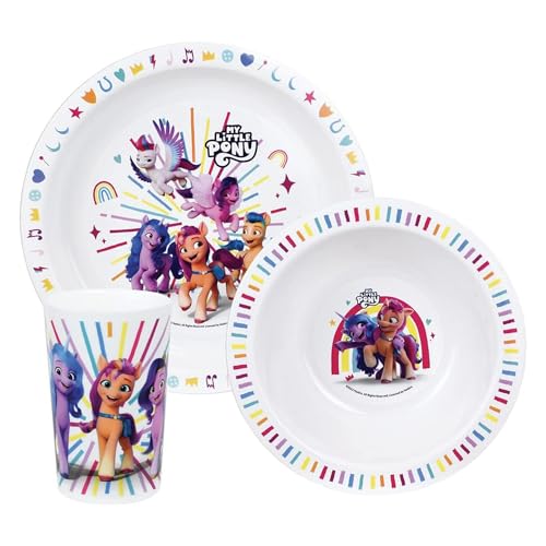 FUN HOUSE My Little Pony Mahlzeiten-Set Pip Izzy Sunny und Zip, mit einem flachen Teller Ø 22 cm, einem tiefen Teller Ø 16 cm und einem Glas 220 ml für Kinder von Fun House