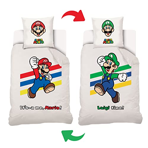 Nintendo Mario – Funda nórdica Its Luigi Reversible ADO 140 x 200 cm + 1 Funda de Almohada de 63 x 63 cm, 100% algodón, Color Blanco von Nintendo