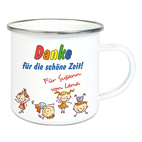 Unikatolo Abschieds Geschenk Kita Emaille Tasse Danke für die schöne Zeit mit Namen Schule Trainer Lehrer Erzieherin Erzieher Kinder Danke Kindergarten Tagesmutter von Unikatolo