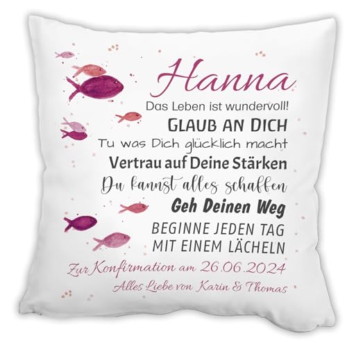 Unikatolo Kissen mit Name zur Konfirmation PINK personalisiertes Geschenk für Kinder, Taufe, Kommunion, Firmung, Kinderzimmerdeko Namenskissen von Unikatolo