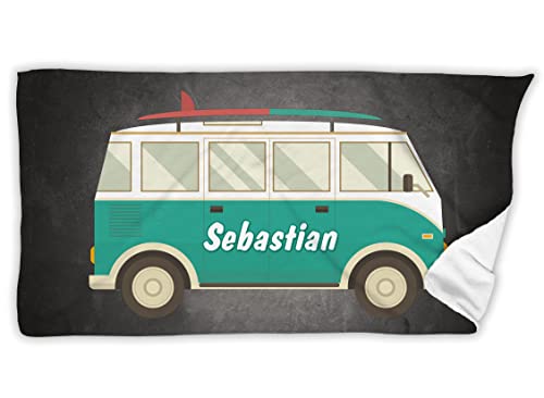 Unikatolo Badetuch Van Bus mit Name personalisiert 70 x 140 cm I Strandtuch Camper I Retro individuelles Geschenk Reisegutschein Geldgeschenk Hochzeitsreise Führerschein Weltreise 18. Geburtstag von Unikatolo