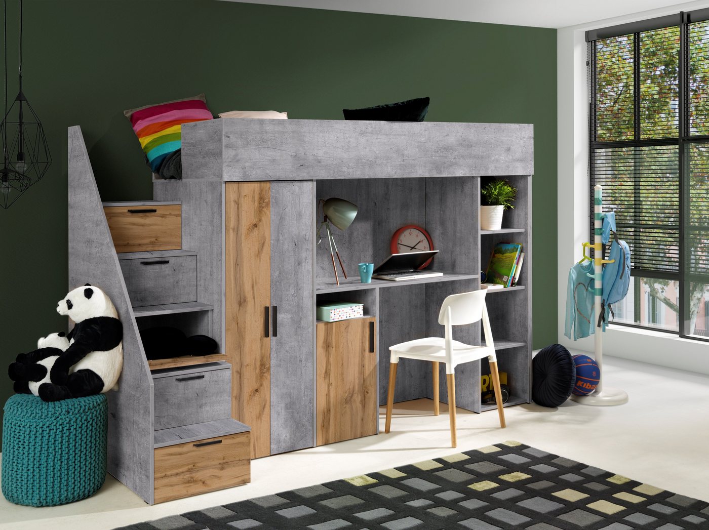Unique Home Hochbett Kinderbett KON14, mit Schreibtisch, Kleiderschrank und Regale von Unique Home