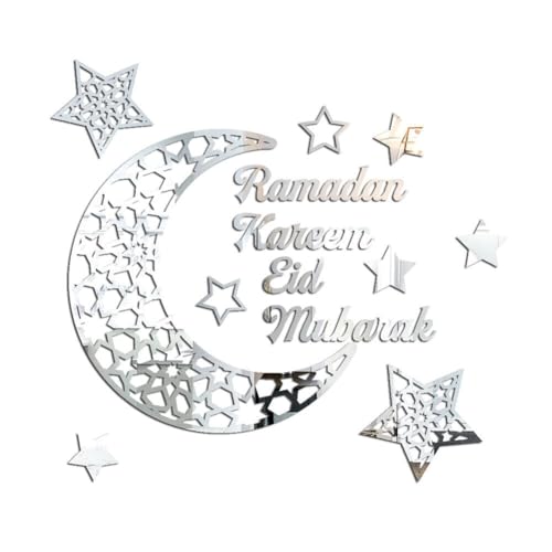 Uposao Eid Mubarak Wandaufkleber,Acryl Spiegel Selbstklebend Mondstern Wandtattoo Wanddeko Muslimischer Islam wasserdichte PVC Aufkleber Dekoration für Zuhause,Büro,Geschäft, Raumdekoration,Silber von Uposao