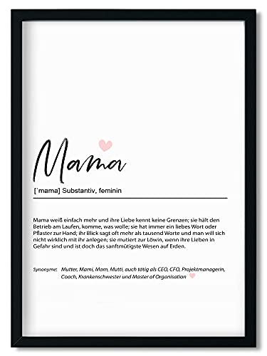 Urhome Kunstdruck Definition Mama mit Bilderrahmen Schwarz in DIN A3 - Worterklärung wie im Duden Lexikon Wandbild Wanddeko mit Spruch Holz Rahmen für Wohnung Familie Freunde Geschenk von Urhome