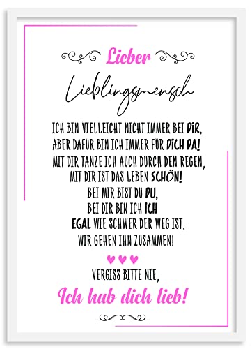 Urhome Kunstdruck Lieblingsmensch mit Bilderrahmen Weiß in DIN A4 - Ich hab dich lieb Wandbild Poster Wanddeko mit Spruch für Wohnung Familie Freunde Geschenk Geburtstag von Urhome