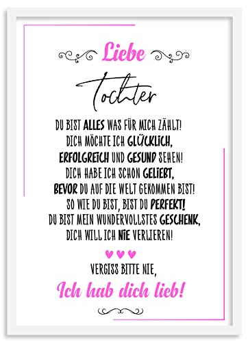 Urhome Kunstdruck Tochter mit Bilderrahmen Weiß in DIN A5 - Ich hab dich lieb Wandbild Poster Wanddeko mit Spruch für Wohnung Familie Freunde Geschenk Geburtstag von Urhome