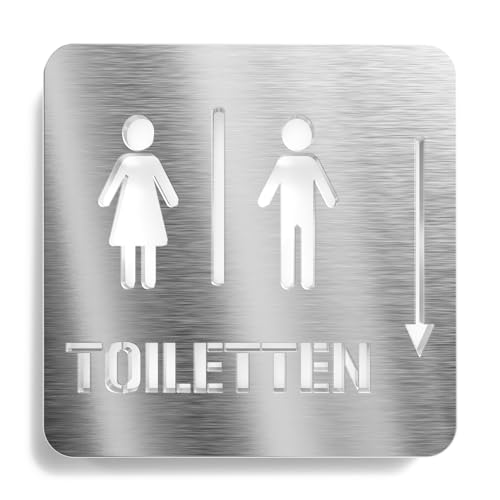 Urhome Toilette Pfeil unten Hinweisschild aus V2A Edelstahl - Laserschnitt Gravur Türschild - Schild für Wand Tür - Herren Damen Toilette WC Infoschild für Innen Außen von Urhome