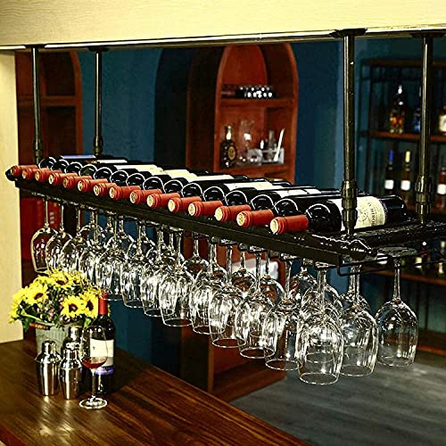 UsmAsk Hängendes Weinregal mit Glashalter und Ablage, hängende Weinregale, an der Decke montierter Weinflaschenhalter, Metall, Eisen, Stielgläser, Weinglasregal, Kelch, Vintage-Stil von UsmAsk