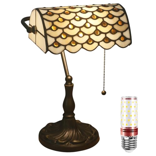Uziqueif Retro Tiffany Style Tischlampe/Bankerlampe - E27 Schreibtischlampe mit Zugkettenschalter und 1 Leuchtmittel, Legierungsbasis - für Büro,Hause,Wohnzimmer,Schlafzimmer,Esszimmer,Glazed Beads von Uziqueif