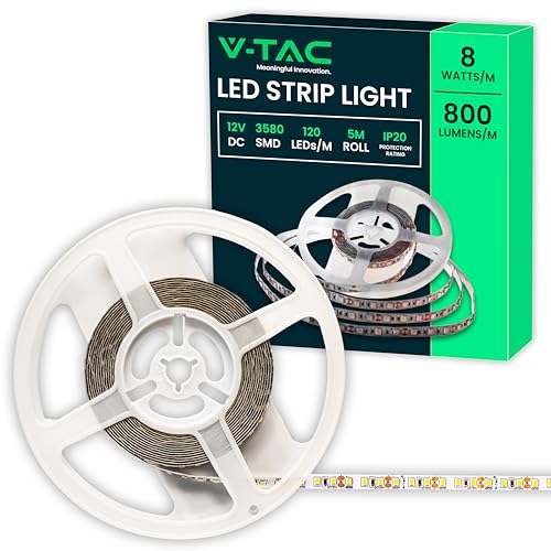 V-TAC LED-Streifen für den Innenbereich, SMD 3528, 8 W, 5 Meter, selbstklebend, für Haus, Küche, Schlafzimmer, Innenbereich, LED-Streifen, Helligkeit 800 Lumen, Stromversorgung 12 V, warmweißes Licht von V-TAC
