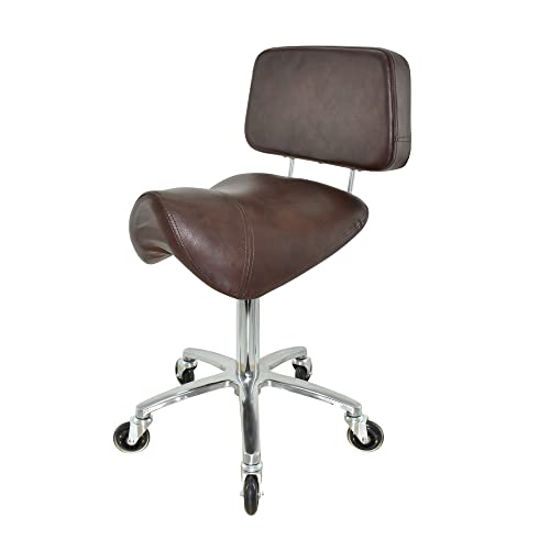 VAKON SALON - Breiter Sattelhocker mit Lehne Braun, Sattelstuhl für Rückenentlastung, Rollhocker höhenverstellbar von 50-65 cm Drehhocker, Praxishocker, Bürohocker, Arbeitshocker von VAKON SALON