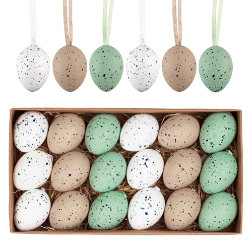 Valery Madelyn 18er Ostereier zum Aufhängen für Osterdeko,4cm Nature künstliche Mini Ostereier für Ostern Deko,Grün Braun Ornament für Osterkörbchen Frühlingsdeko,Ostern Geschenke Kinder von VALERY MADELYN