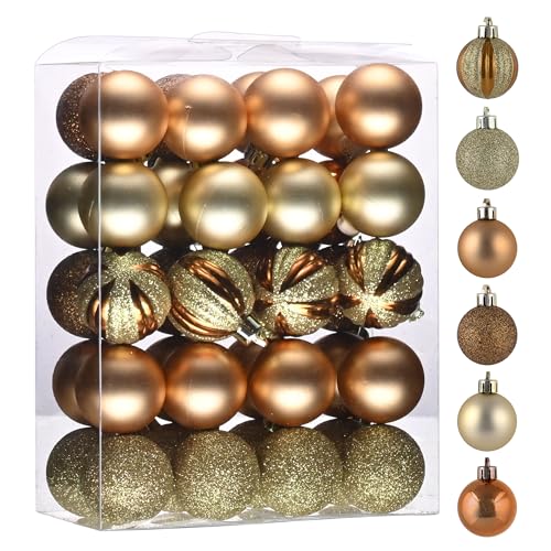 Valery Madelyn Weihnachtskugeln 40 Stücke 4cm Kunststoff Christbaumkugeln Weihnahctsdeko bruchsicher Baumkugeln zum Hängen in Baumverpackung für Christbaumschmuck Kupfergold Basiskugel Thema von VALERY MADELYN