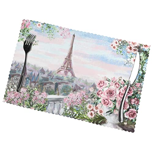 Platzsets Paris Turm mit Blumen, hitzebeständig, waschbar und wiederverwendbar, für den Innen- und Außenbereich, 30 x 45 cm, 6 Stück von VANANI
