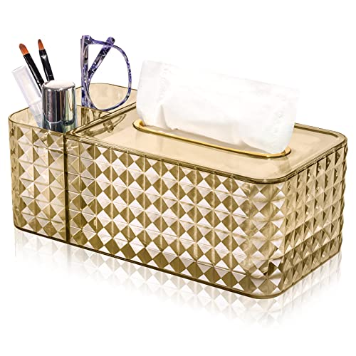Taschentuchbox & Schreibtisch Organizer, Rechteckige Taschentücher Box Exquisit Acryl Tissue Box für Fernbedienung Brille, Multifunktionaler Taschentuchbox Aufbewahrungsbox, 24x12x8.9CM (Gold) von VANZAVANZU