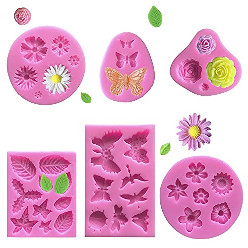 VASZOLA 6 Stück Silikon Formen für Fondant Backen Blumen Rose Blätter Schmetterling 3D Silikon Backformen Set für Schokolade Marzipan Kuchen Gelee Muffin Süßigkeiten von VASZOLA