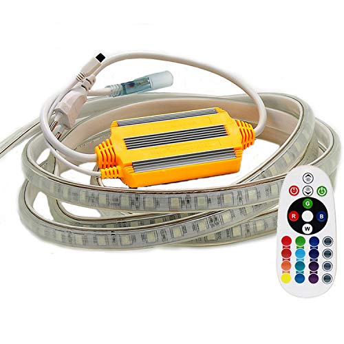 FOLGEMIR 12m RGB LED Strip, 220V dimmbar Streifen, 5050 Farbwechsel Lichtleiste, 60 LEDs/m Led Band, wasserdichte Lichtschlauch mit Trafo & 24-Tasten IR Fernbedienung von FOLGEMIR