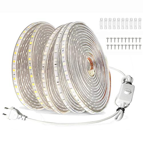 FOLGEMIR 20m LED Band mit Schalter - Warmweiß, 220V 230V Beleuchtung, 60 Leds/m, IP65 wasserdicht Lichtschlauch (Warmweiß, 20m) von FOLGEMIR