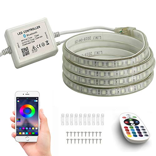 FOLGEMIR 20m RGB LED Streifen, Bluetooth kontrolliert Strip, 220V dimmbar Lichterkette, 5050 SMD 60 LEDs/m Farbwechsel Led Band, wasserdicht Lichtschlauch mit Trafo & 24-Tasten IR Fernbedienung von FOLGEMIR