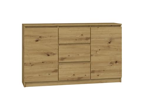 VBChome Kommode mit 2 Türen und 3 Schubladen 120 x 40 x 75 cm Eiche Aritsan Grifflose Schubladenkommode Mehrzweckschrank für Flur Schlafzimmer Wohnzimmer Kinderzimmer Modern Eiche Aritsan von VBChome