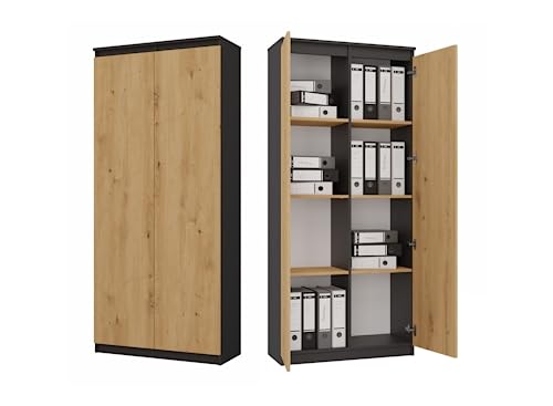 VBChome Standregal 80 x 180 x 35 cm Büroregal mit 8 Fächern und 2 Türen Bücherregal Bücherschrank Holzwerkstoff Mehrzweckschrank für Flur Schlafzimmer Wohnzimmer Eiche Artisan - Antrazit von VBChome