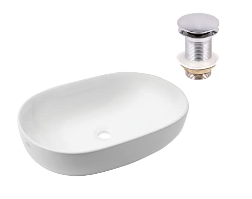 VBChome Waschbecken 60 x 41 cm Keramik Weiß Oval Pop-up ventil Click-Clack Waschtisch Handwaschbecken Aufsatzwaschbecken Waschschale Gäste WC von VBChome