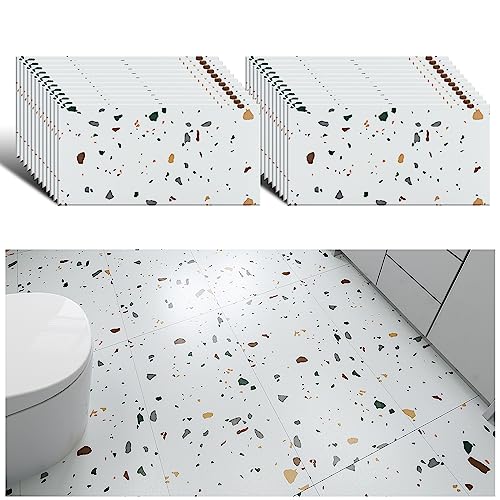 VEELIKE Vinylboden Selbstklebend Fliesen Granit Weiß PVC Bodenbelag Küche Klebefliesen Bad Boden Fliesenaufkleber Bodenfliesen Schlafzimmer PVC Boden Marmor Fußbodenbelag 1.5mm 60cm×30cm 24 Stück von VEELIKE