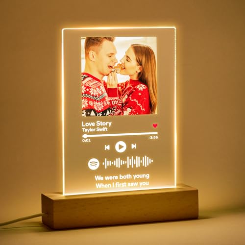 VEELU Song Cover Glas Bild mit Foto Spotify Glas Personalisiert LED Scannbar Spotify Code Nachtlicht Acrylglas Geschenke für Männer Frauen Geburtstagsgeschenk für Freund Freundin Partner von VEELU