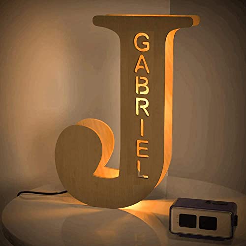 Veelu Personalisiert Buchstaben J LED Nachtlicht mit Ihren eigenen Graviert Name 3D Festzelt Dekor Holz Wandleuchte für Schlafzimmer Weihnachten Festival Party Geschenk für Familien Liebhaber von VEELU