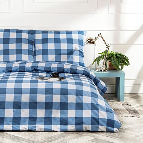 VelvetHome Deluxe Bettwäsche 155x220 Baumwolle Bettbezug 155x220 cm mit Kissenbezug 80x80 cm Hohe Qualität Bettwäsche-Set mit Reißverschluss 100% Baumwolle Made in EU Blau Kariertes 155 x 220 von VEL VET HOME