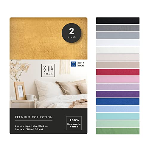 VelvetHome Doppelpack Spannbettlaken 90x200cm | 100% gekämmte Baumwolle 165gsm | 2er Set Bettlaken 90x200 bis 25 cm Matratzenhöhe | Jersey | Premium Qualität | Senf Farbe | 90 x 200 +30 von VEL VET HOME