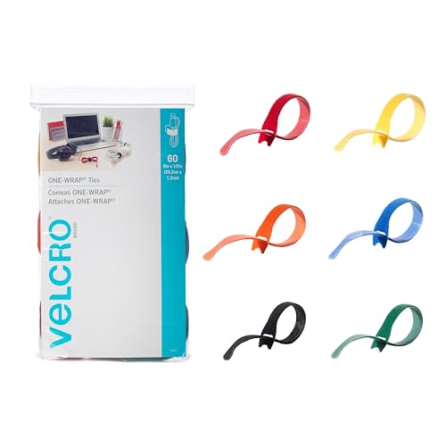 VELCRO Brand One-Wrap Kabelbinder, 60 Stück, 8 x 1,27 cm Riemen, mehrfarbig, stark, wiederverwendbar, Kabel-Bündelung für Heimbüro und Rechenzentren von VELCRO Brand