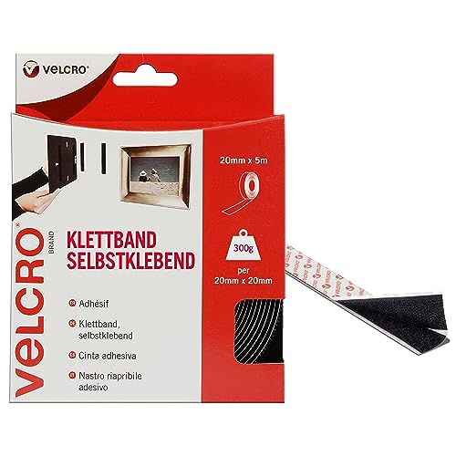 Velcro Brand Klettband-Selbstklebend, 20 mm x 5 m Rolle-Schwarz, 20mm x 5m von VELCRO Brand