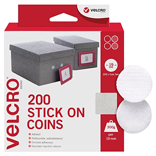 VELCRO Marke | Aufklebbare Münzen | Doppelseitige selbstklebende Klebemünzen mit Klettverschluss, perfekt für Raumdekoration und Büro, Garage | Weiß | 19 mm x 19 mm | 200er Pack von VELCRO Brand