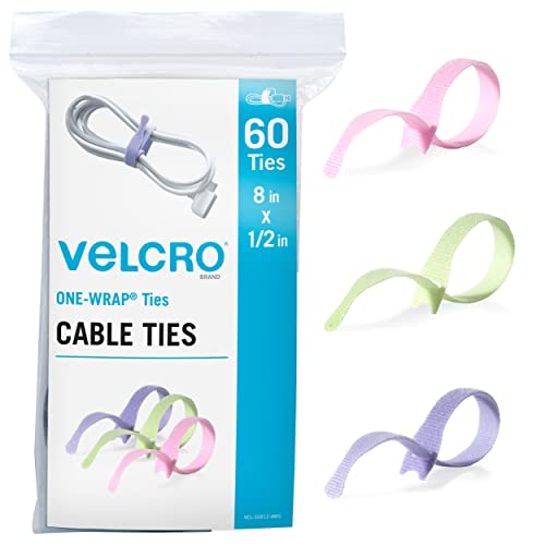 Velcro Kabelbinder in Pastellfarben, strapazierfähig, wiederverwendbar, 60 Stück, helle Farben, Großpackung, 8 x 1,27 cm (1,27 cm), Drahtmanagement, perfekt für Handwerk oder Bürobedarf, Bündelung für von VELCRO Brand