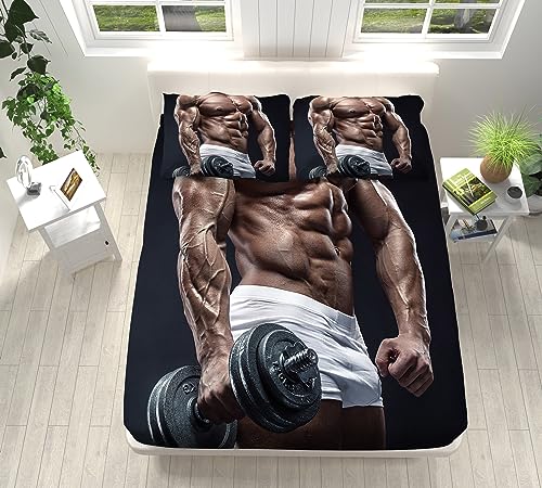 VENESS 3D Spannbettlaken Set 200x200 cm MäNnlicher Bodybuilder Weiches Mikrofaser Spannbetttuch für Boxspringbetten, Gummizug Tiefe Tasche 30 cm, Für Kinder & Erwachsene, Mit 2 Kissenbezügen 80x80 cm von VENESS