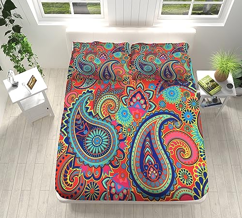 VENESS Kinder Jungen Mädchen Bettlaken Set Spannbettlaken 90x200cm Paisley-Cashew-Stil 3D Weiches Spannbetttüche Atmungsaktiv Bettwäsche Tiefe Tasche 30cm mit 2 Kissenbezügen 80x80 cm von VENESS