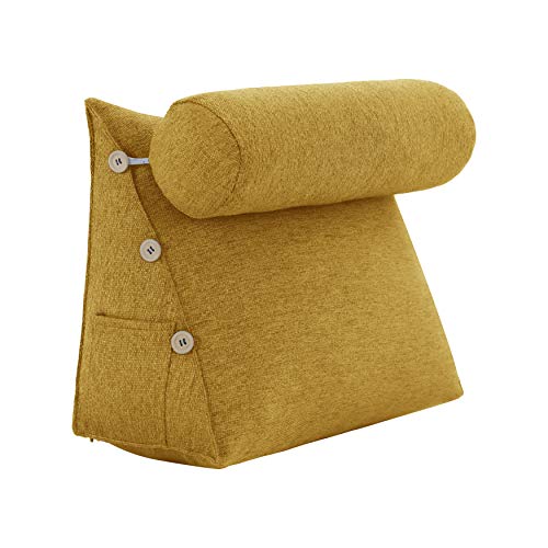 VERCART Rückenkissen mit Nackenrolle, Einstellbar Keilkissen Stützkissen, Nackenstützkissen Kopfkissen, Lesekissen Bettkissen, Groß Kissen Bett Sofa Couch, Abnehmbarem Leinen Bezug 60x50x22cm Gelb von VERCART