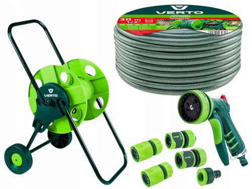 VERTO Schlauchwagen mit Schlauch 1/2 Zoll 30 m + Wasserspritze + 3 x Schlauchverbinder, Wasserstop, Hahnverbinder - Gartenbewässerung Komplettes Starterset | Gartenschlauch UV-beständig max 20 bar von VERTO