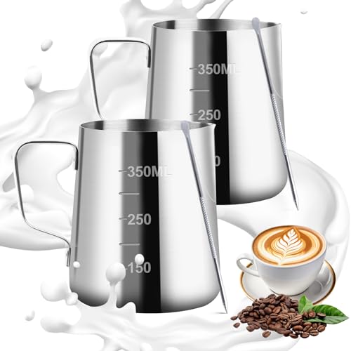 VFANDV 2 Stück Milchkännchen, 350 ml Handheld Edelstahl Aufschäumkännchen, Kaffee Creamer Milch Aufschäumer Kännchen Tasse mit Messung Mark, Milchkännchen Perfekt für Cappuccino Espresso Latte von VFANDV