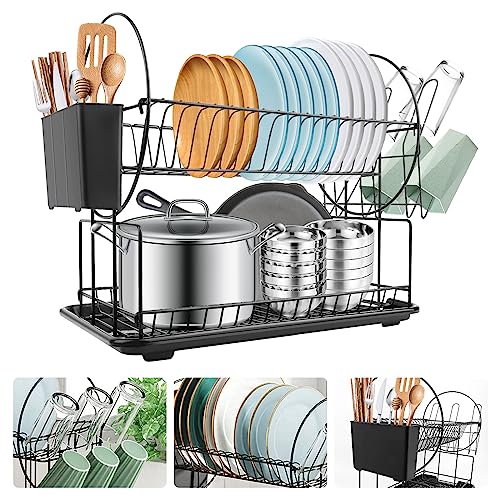 VFANDV Abtropfgestell Geschirr, Geschirr Abtropfständer Abtropfgitter, 2-Stufiges Geschirrabtropfgestell Edelstahl, Dish Drying Rack Drainer für Tasse, Teller, Messer und Gabel, Stäbchen - Schwarz von VFANDV