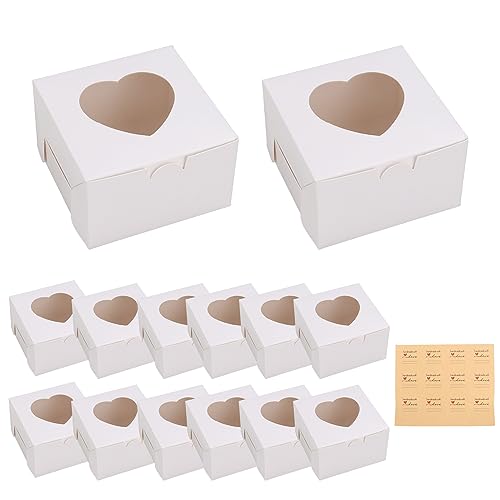 VIDETOL 100 Stück Cupcake Box, 10 x 10 x 6.7 cm Kraftpapier Keksschachtel mit Sichtfenster in Herzform, Weiß Keksbox Mit Aufkleber für Cookie, Gebäck und Dessert von VIDETOL