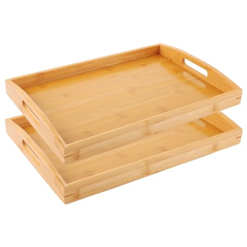VIDETOL 2 Stück Bambus Serviertablett mit Griffen, 40 X 28 X 5 cm Holz Tablett Servierplatte, Rechteckig Holztablett für Frühstück, Getränke und Küchen Deko von VIDETOL