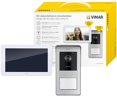 VIMAR K42915 Set AP-Videohaustelefon mit 1 Touchscreen-Videohaustelefon, 1 RFID-Audio-/Video-Klingeltableau mit 1 Taste, 1 Netzteil mit austauschbaren Steckern EU, UK, USA, AUS Standard von VIMAR