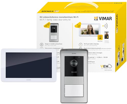 VIMAR K42945 Set AP-Videohaustelefon mit WLAN-Farb-Touchscreen-Videohaustelefon, RFID-Audio-/Video-Klingeltableau mit 1 Taste, Netzteil mit austauschbaren Steckern EU, UK, USA, AUS Standard von VIMAR