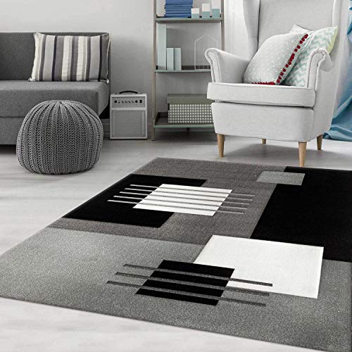 VIMODA Designer Teppich Wohnzimmer Kurzflor dicht gewebt Grau Creme Weiß Schwarz Kariert Linien mit Konturenschnitt, Maße:120 x 170 cm von VIMODA