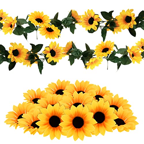 VINFUTUR 2×2M Künstliche Sonnenblumen Girlande Hängende Blumengirlande + 12 Stücke Sonnenblumen Kunstblumen Blumenköpfe für Hochzeit Party Home Gartendeko von VINFUTUR