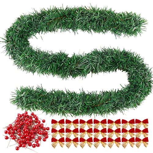 VINFUTUR 4 ×Künstlich Weihnachtsgirlande Grün Grasgirlande + 24 × Weihnachtsschleifen + 100 × Künstliche Rot Weihnachtsbeeren für Weihnachtskranz Weihnachtsbaum Weihnachtsgirlande DIY Basteln Homedeko von VINFUTUR