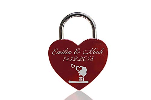 ELUNO Liebesschloss Herzschloss Schloss mit Gravur und Schlüssel I Valentinstags Geschenk für Sie Ihn Hochzeit I incl. Samtbeutel I Motiv Herz 0002 in Rot von VIP-LASER