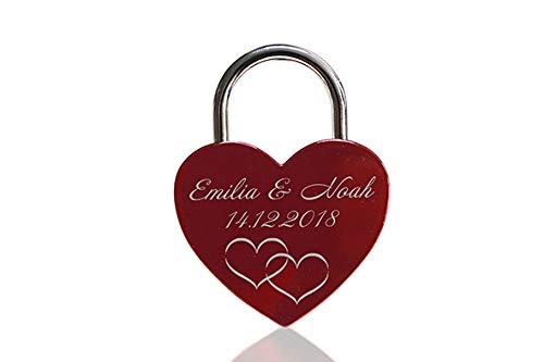 ELUNO Liebesschloss Herzschloss Schloss mit Gravur und Schlüssel I Valentinstags Geschenk für Sie Ihn Hochzeit I incl. Samtbeutel I Motiv Herz 0003 in Rot von VIP-LASER